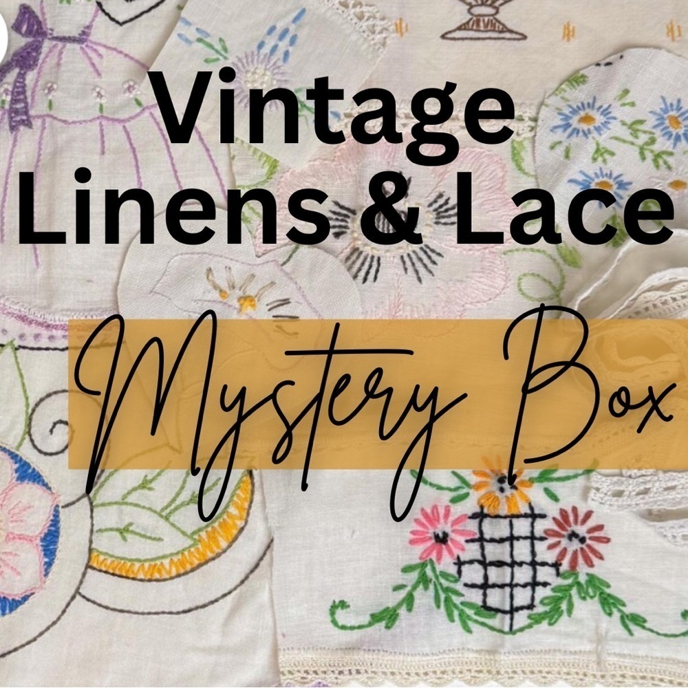 Vintage Embroidered Linens & Lace Mystery Grab Bag 🌸 Large Box 🍄 14-20 Pieces